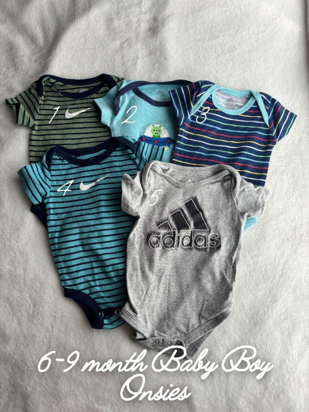 6-9M Baby Boy Onesie Bundle 5 Piece Nike Adidas Bodysuits